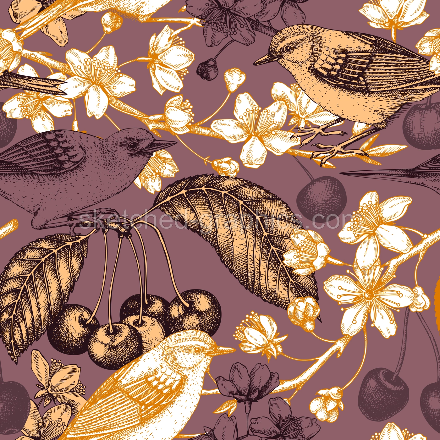 Cherry blossom branch seamless pattern. Vintage spring background with birds vector drawing. Blooming tree in sketch style, sakura with flowers, berries, leaves. Yellow warbler spring background  Illustration